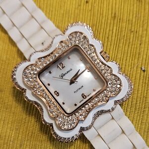 Geneva Platinum Women's White and Gold Watch With Crystal Bezel